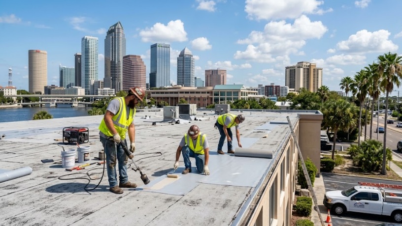 team of contractors fixing flat roof under the hot sun